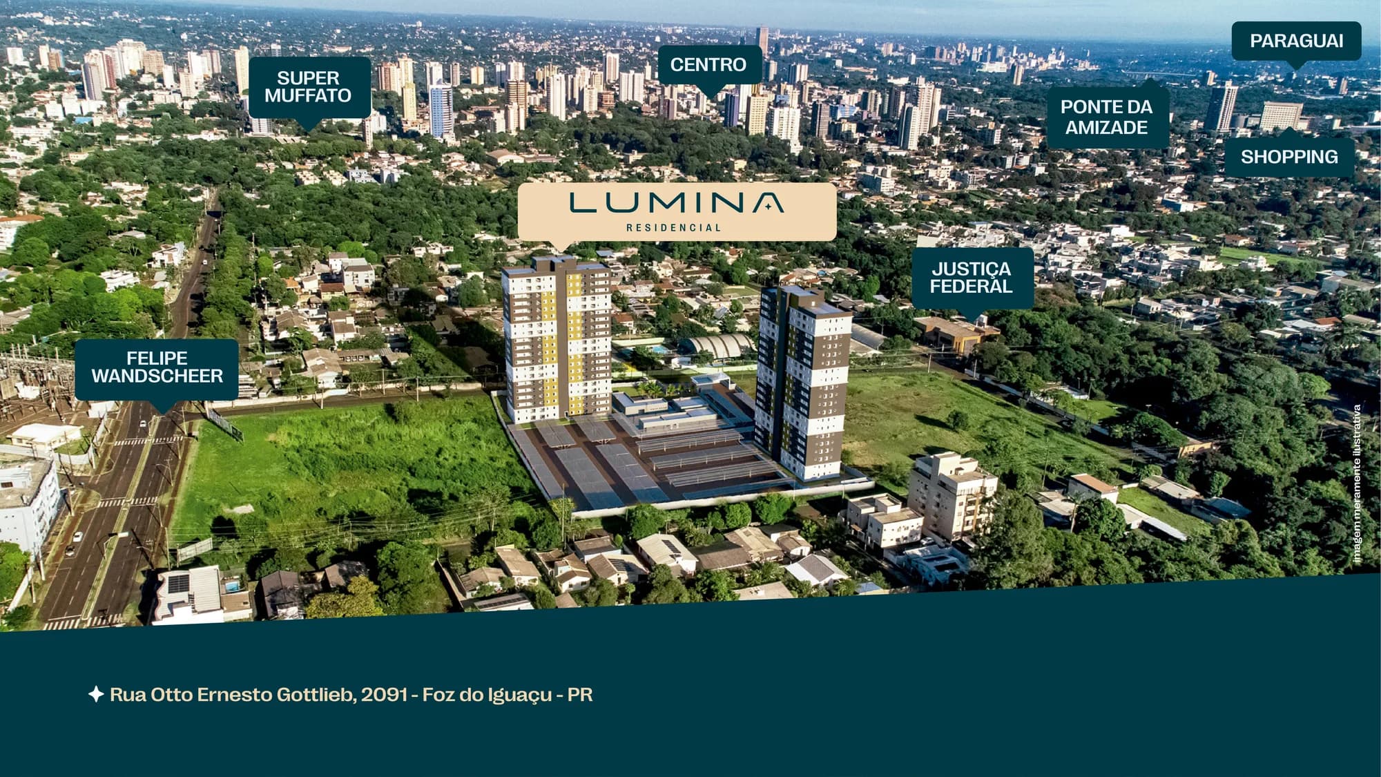 Vista aérea da localização do Lumina Residencial na Vila Yolanda, com Centro, Shopping, Ponte da Amizade e Avenida Felipe Wandscheer sinalizados
